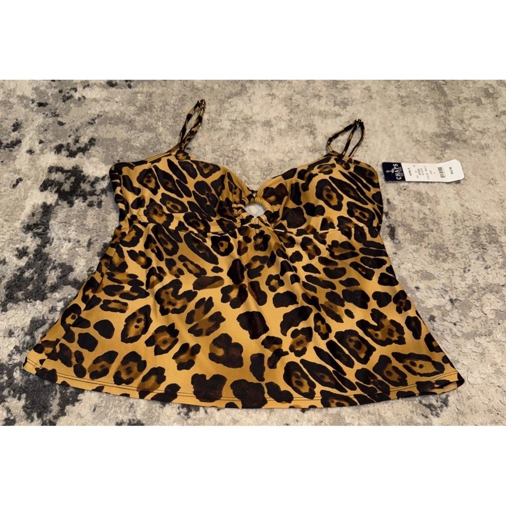 Chaps Women's Cheetah Brown Print Knot Tankini Swim Top Size 14 New